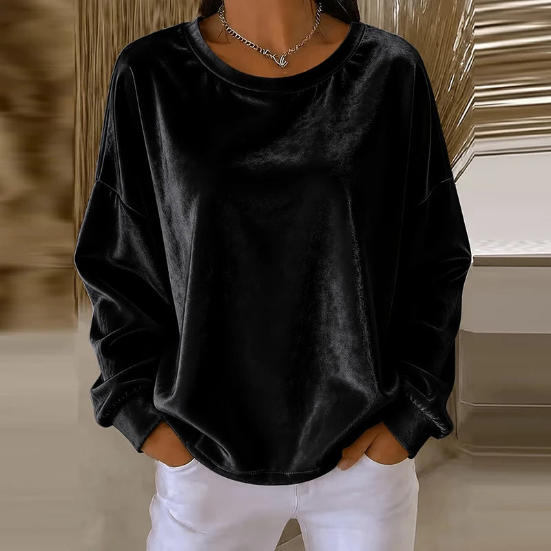 Women's Sweatshirt in Velvet, Round Neck, Long Sleeves