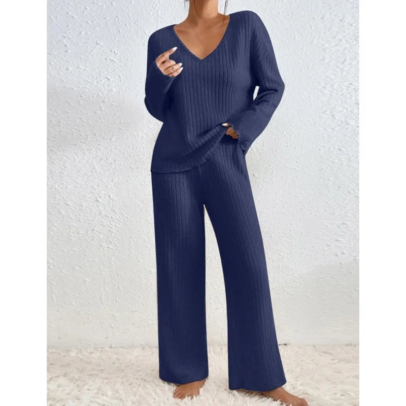 Women's Chic 2 Pieces Set, High V-Neck and Wide Leg Pants