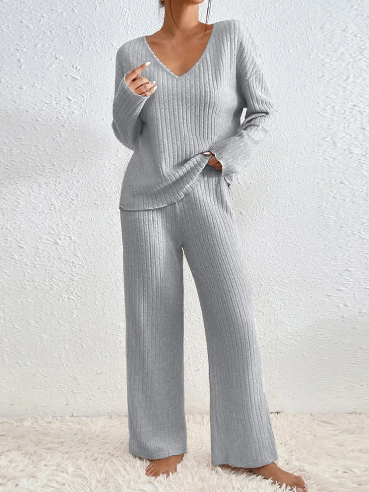 Women's Chic 2 Pieces Set, High V-Neck and Wide Leg Pants