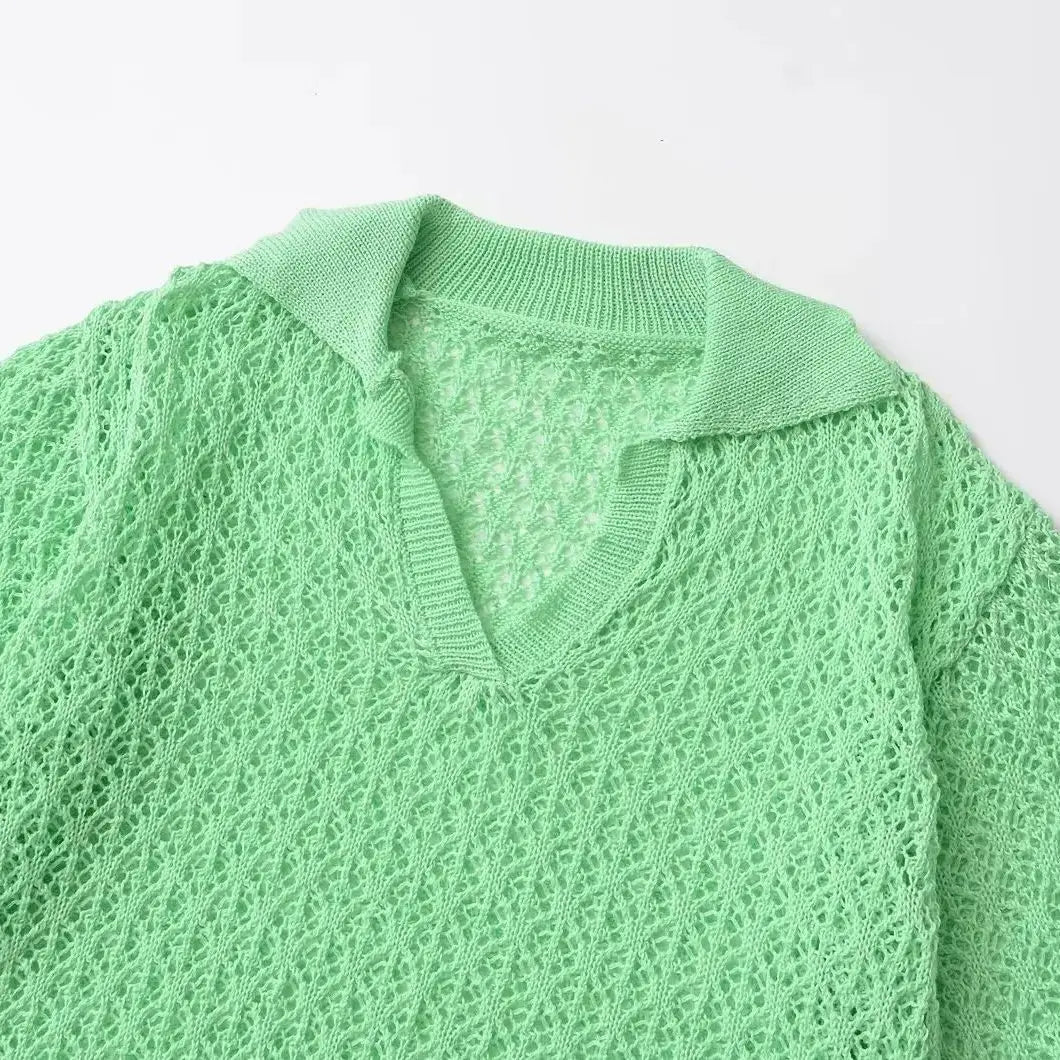Chic Women's Jacquard Sweater Lapel Coll, Short Sleeves