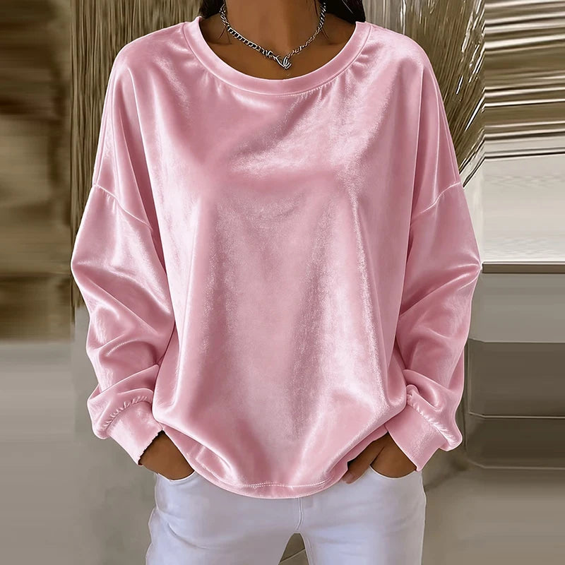 Women's Sweatshirt in Velvet, Round Neck, Long Sleeves