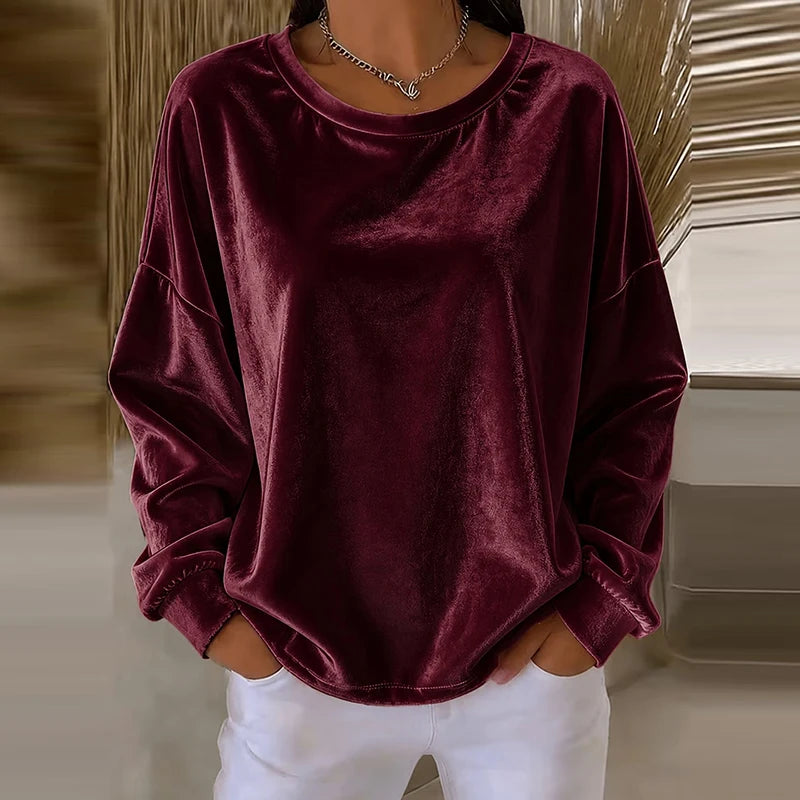 Women's Sweatshirt in Velvet, Round Neck, Long Sleeves