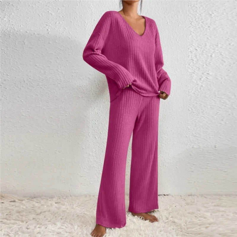 Women's Chic 2 Pieces Set, High V-Neck and Wide Leg Pants