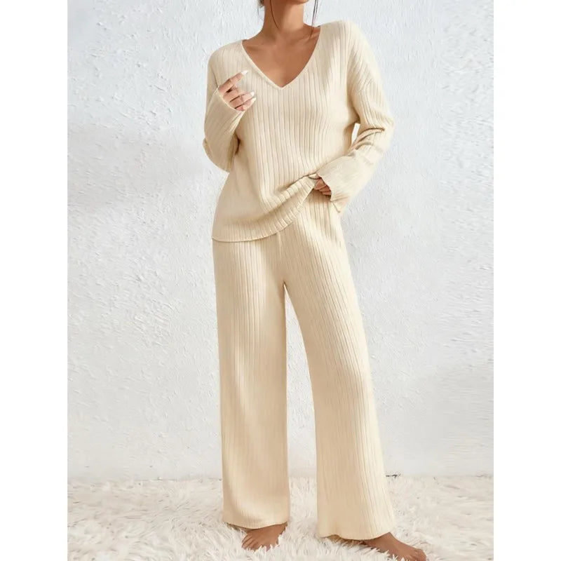 Women's Chic 2 Pieces Set, High V-Neck and Wide Leg Pants