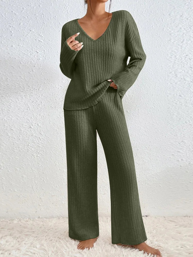 Women's Chic 2 Pieces Set, High V-Neck and Wide Leg Pants