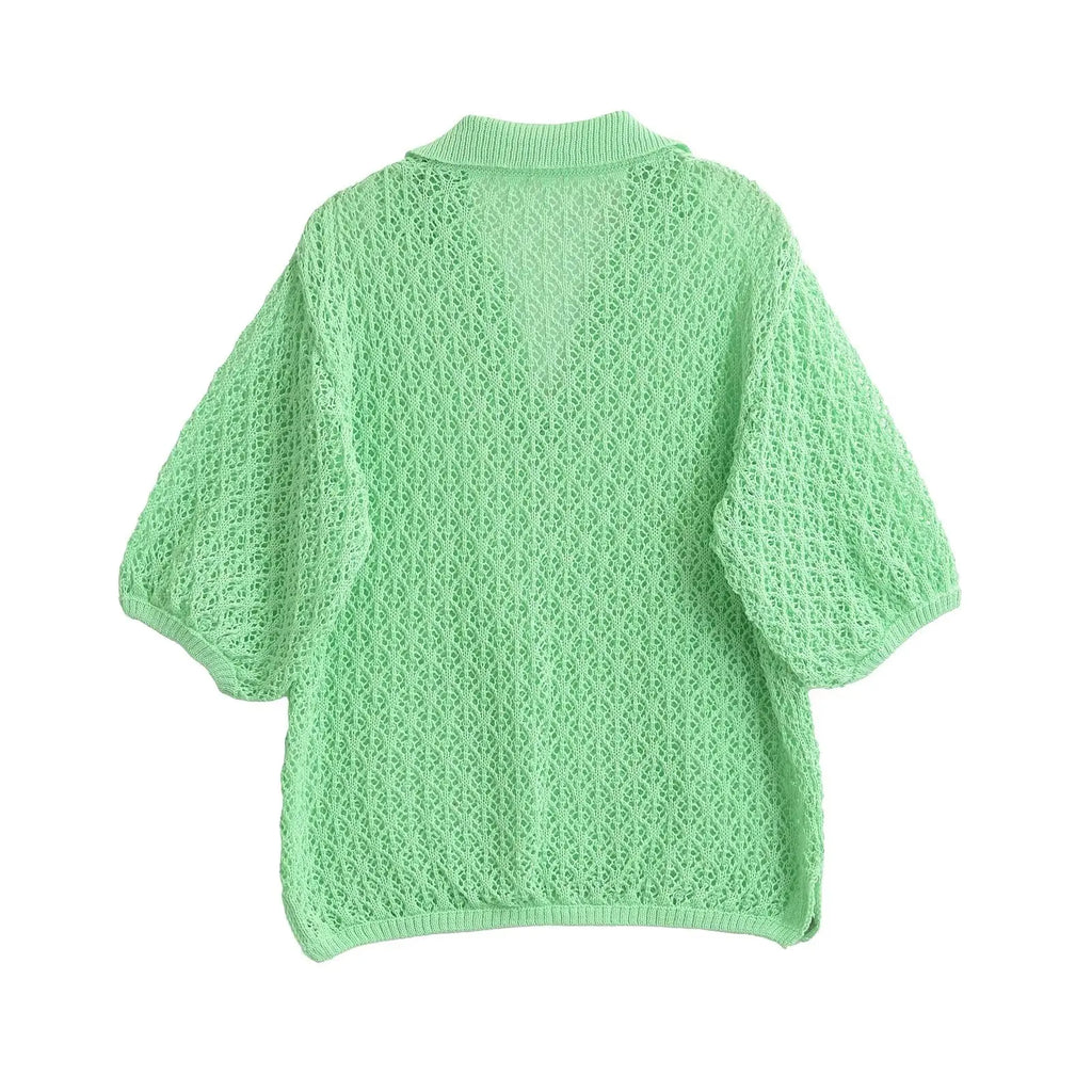 Chic Women's Jacquard Sweater Lapel Coll, Short Sleeves