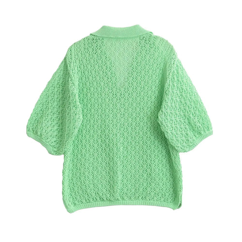 Chic Women's Jacquard Sweater Lapel Coll, Short Sleeves
