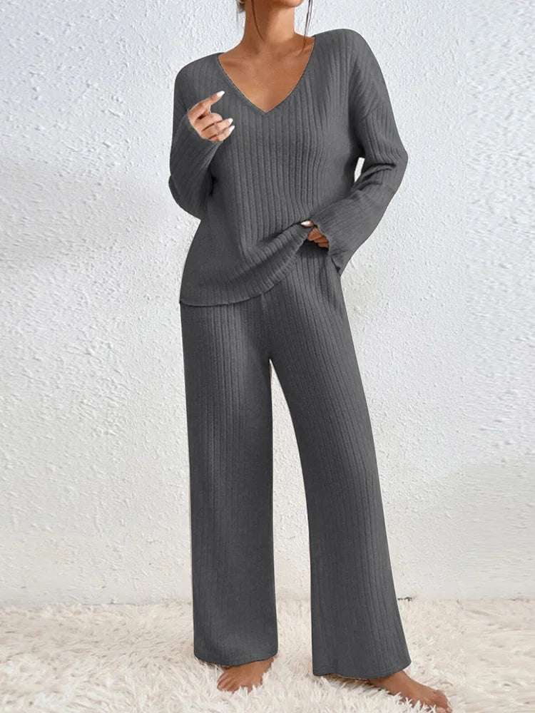 Women's Chic 2 Pieces Set, High V-Neck and Wide Leg Pants