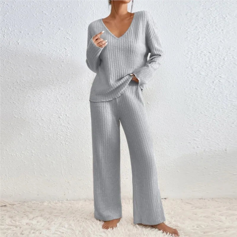 Women's Chic 2 Pieces Set, High V-Neck and Wide Leg Pants