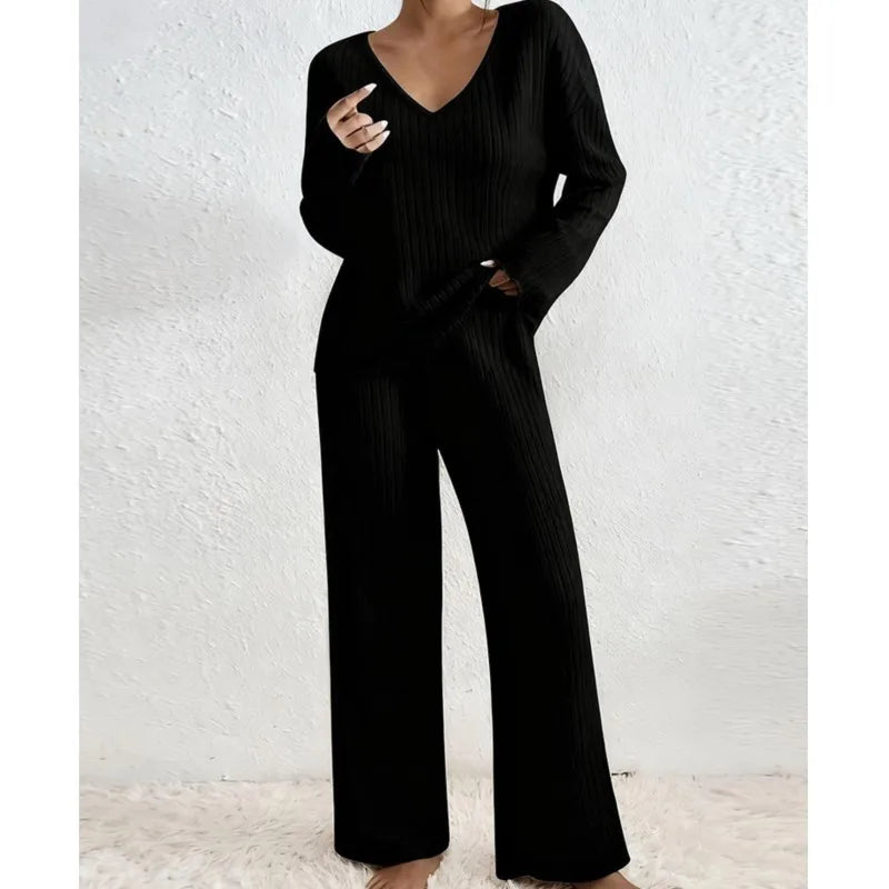 Women's Chic 2 Pieces Set, High V-Neck and Wide Leg Pants