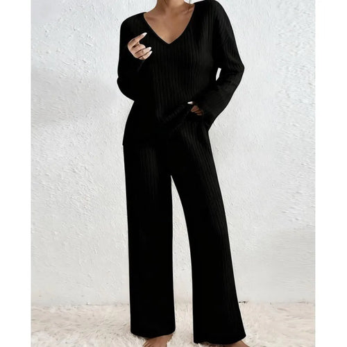 Women's Chic 2 Pieces Set, High V-Neck and Wide Leg Pants