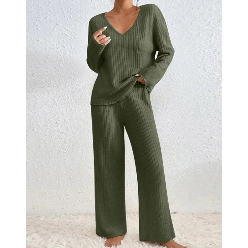Women's Chic 2 Pieces Set, High V-Neck and Wide Leg Pants