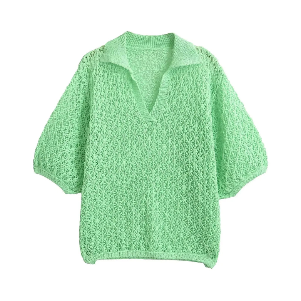 Chic Women's Jacquard Sweater Lapel Coll, Short Sleeves
