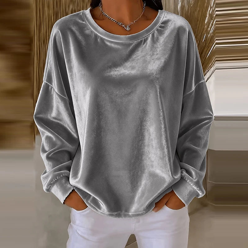 Women's Sweatshirt in Velvet, Round Neck, Long Sleeves