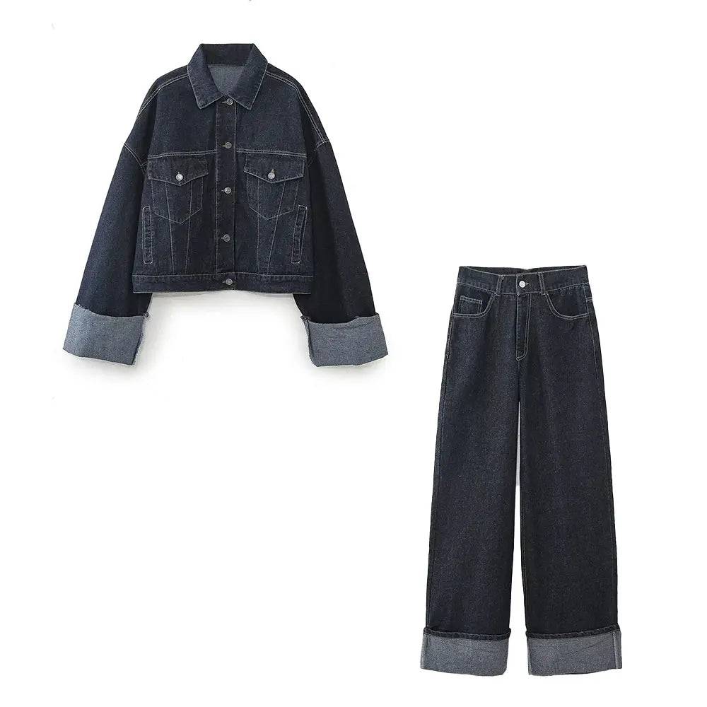 2 pieces women's 2-piece set in blue denim: jacket with pockets and zipped pants chic