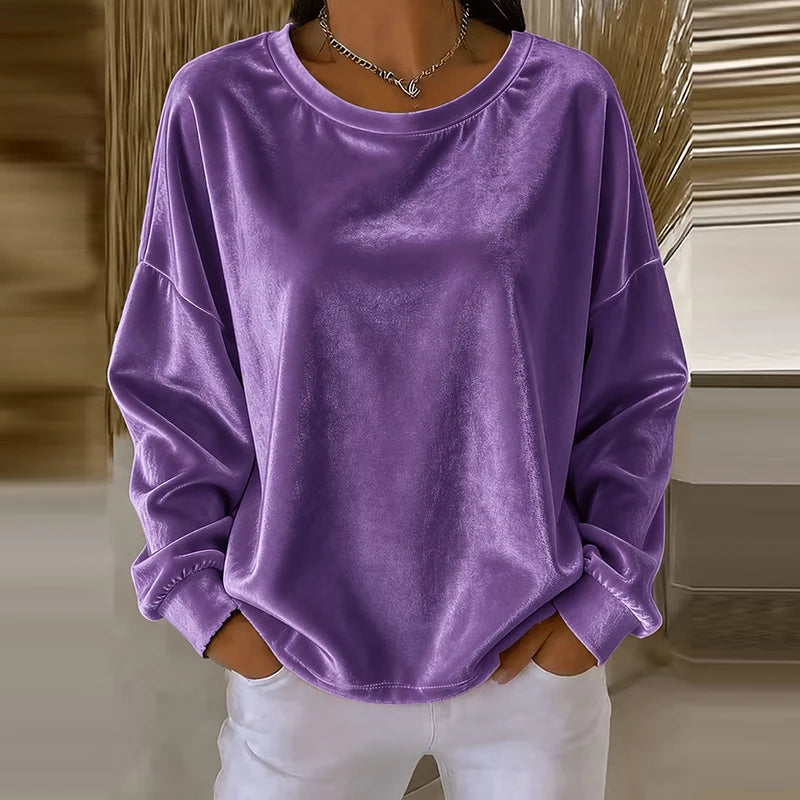 Women's Sweatshirt in Velvet, Round Neck, Long Sleeves