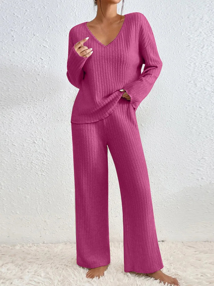 Women's Chic 2 Pieces Set, High V-Neck and Wide Leg Pants