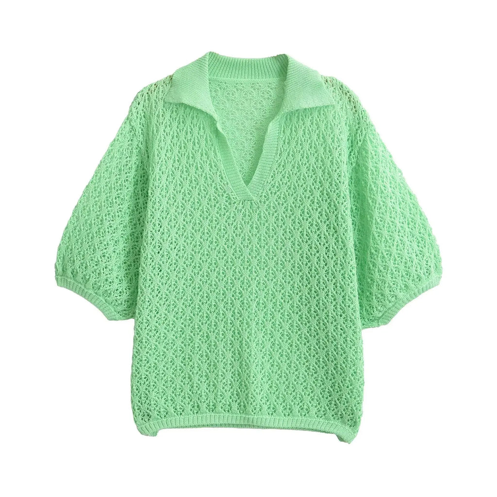 Chic Women's Jacquard Sweater Lapel Coll, Short Sleeves