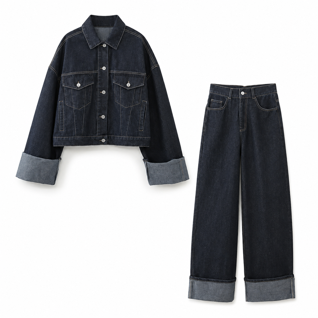 2 pieces women's 2-piece set in blue denim: jacket with pockets and zipped pants chic